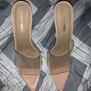 Clear fashionnova mules with gold heel!